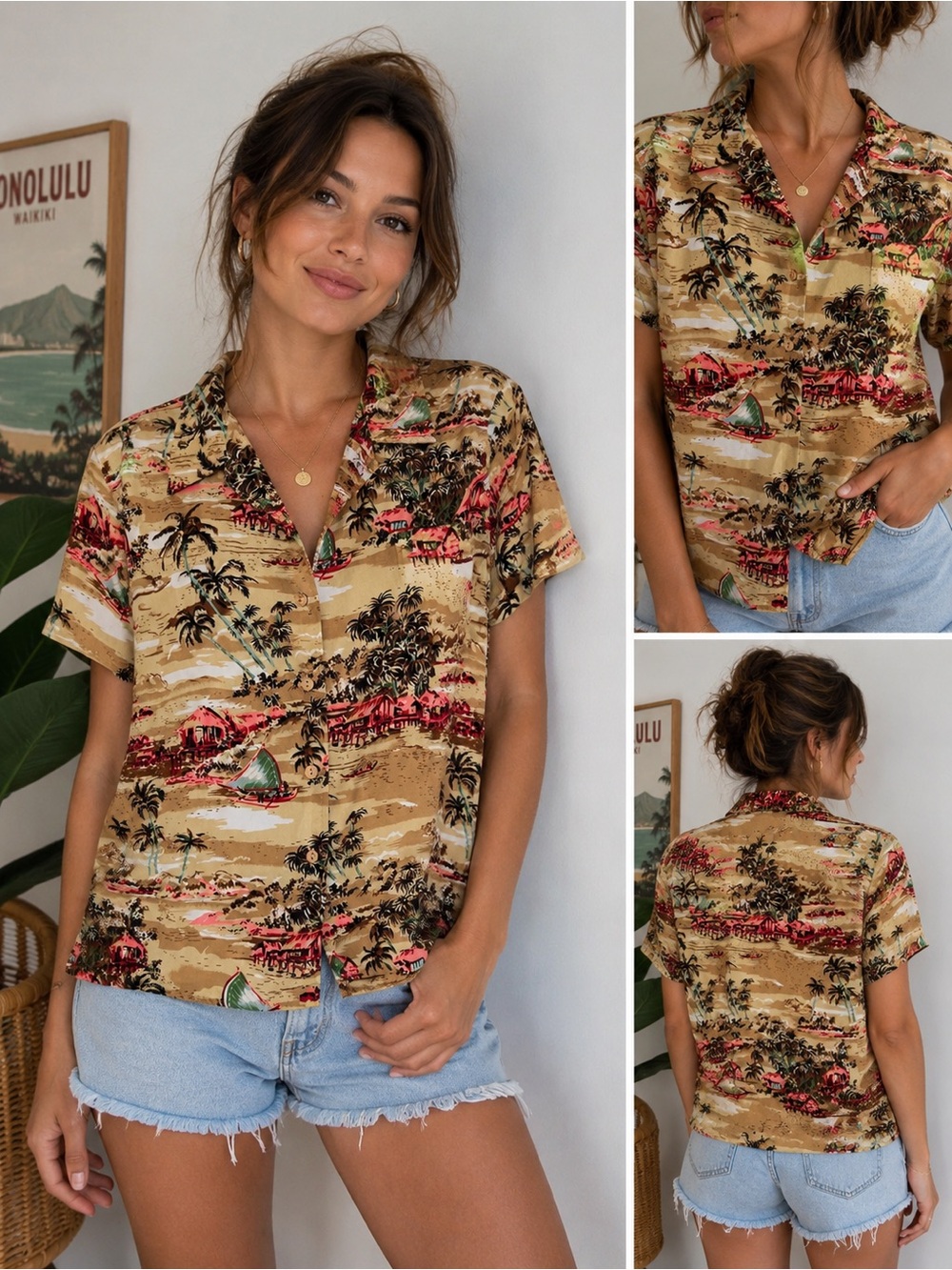 Vintage Ten Zone Hawaii Aloha Shirt Tropical Island Scenic Print Button Up M